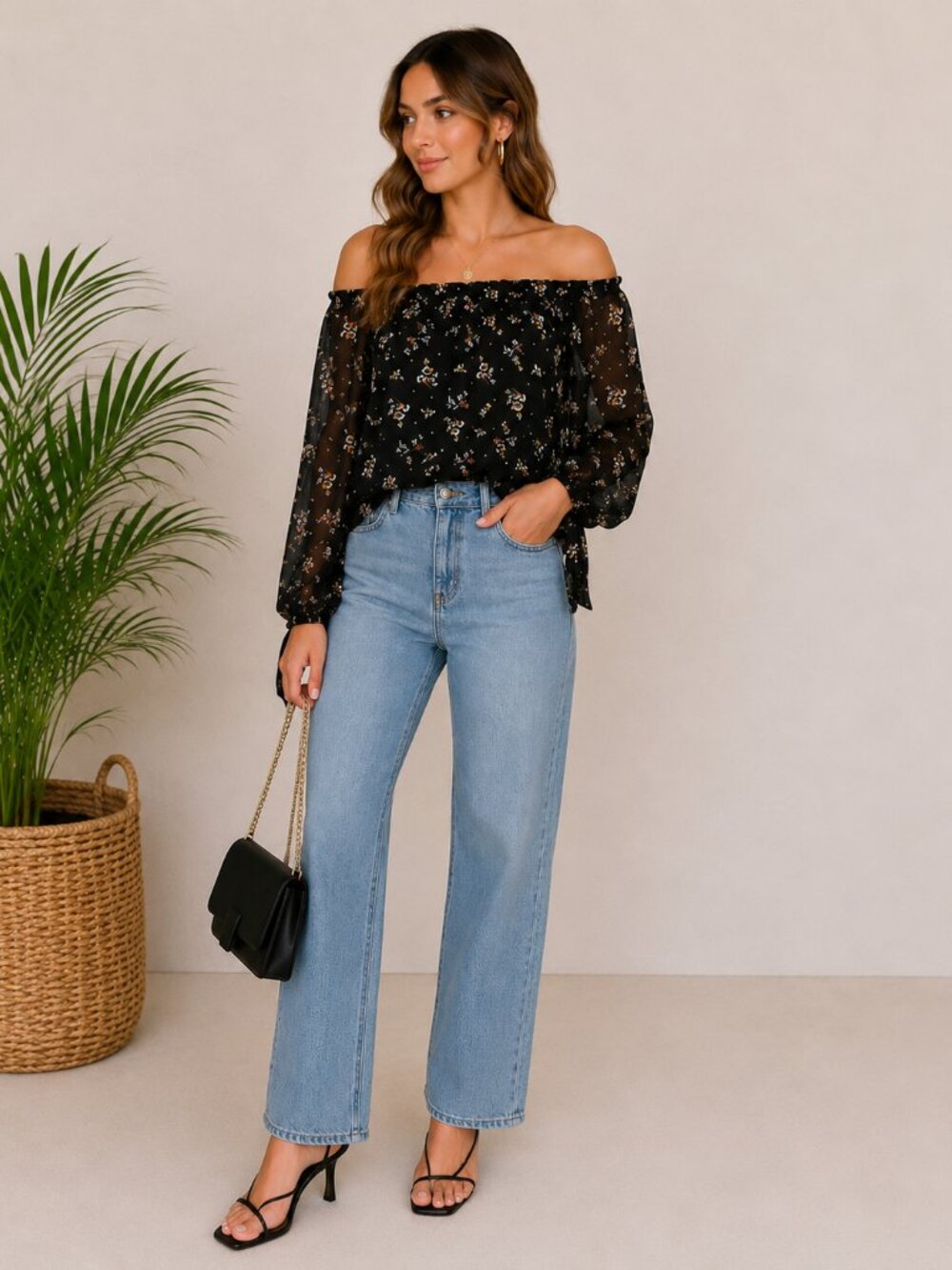 NEW Wayf Boho Floral Black Off the Shoulder Semi Sheer Blouse Size Small